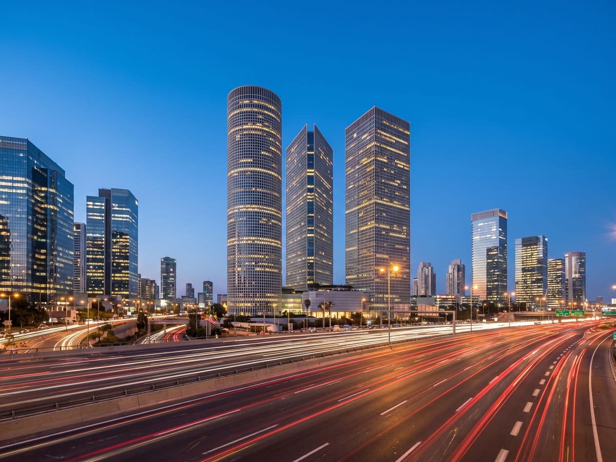מגדלי עזריאלי וקו הרקיע של תל אביב ורמת גן בשעת דמדומים